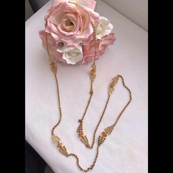 🍂🧡Vintage Orange Amber Bead & Gold Leaves Necklace Fairycore - Picture 1 of 6